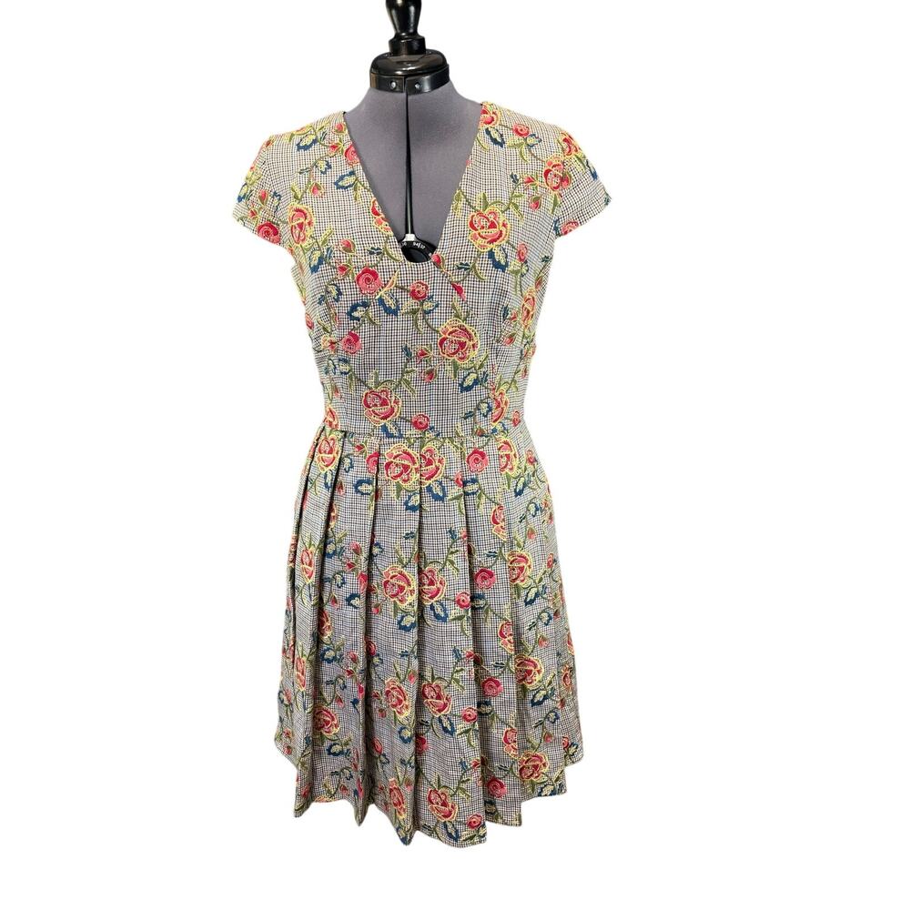Brooks Brothers Houndstooth Fit & Flare Dress Floral Embroidered Sz 8 Preppy